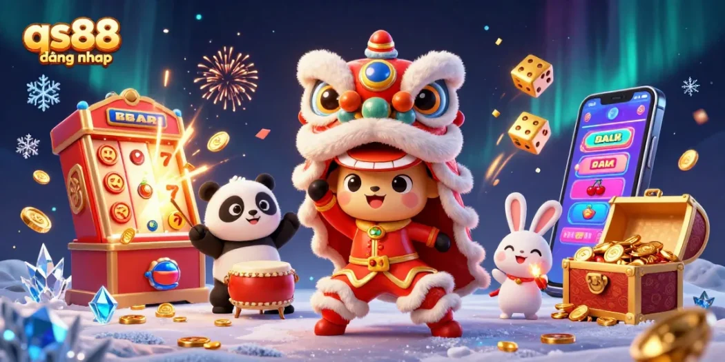 Experience the thrill at qs88 đang nhap with festive lion dance and jackpot excitement in a vibrant casino scene.