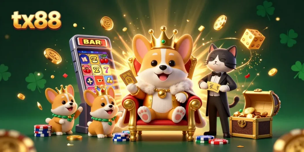 Spin the reels at tx88 with a royal corgi on a poker chip throne amid colorful casino chaos.