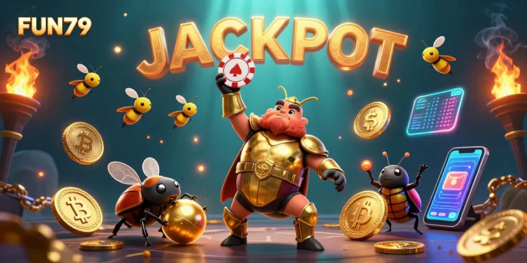 Engage in fun at FUN79, where our 3D hercules beetle celebrates a jackpot victory amidst glowing crypto coins and vibrant casino elements.