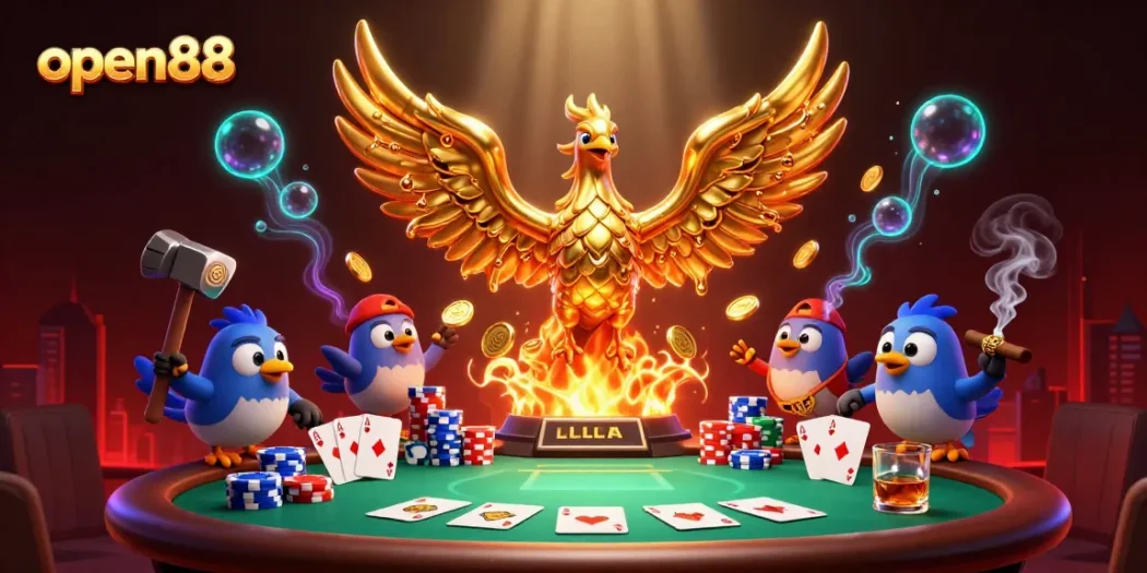 Experience the thrill of open88 as a molten phoenix ushers in golden rewards amidst a vibrant casino backdrop.