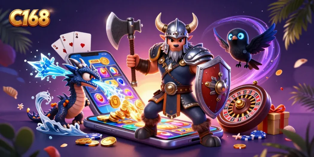 C168 offers exciting gaming with a Viking warrior, dragon, and online slots in a vibrant scene.
